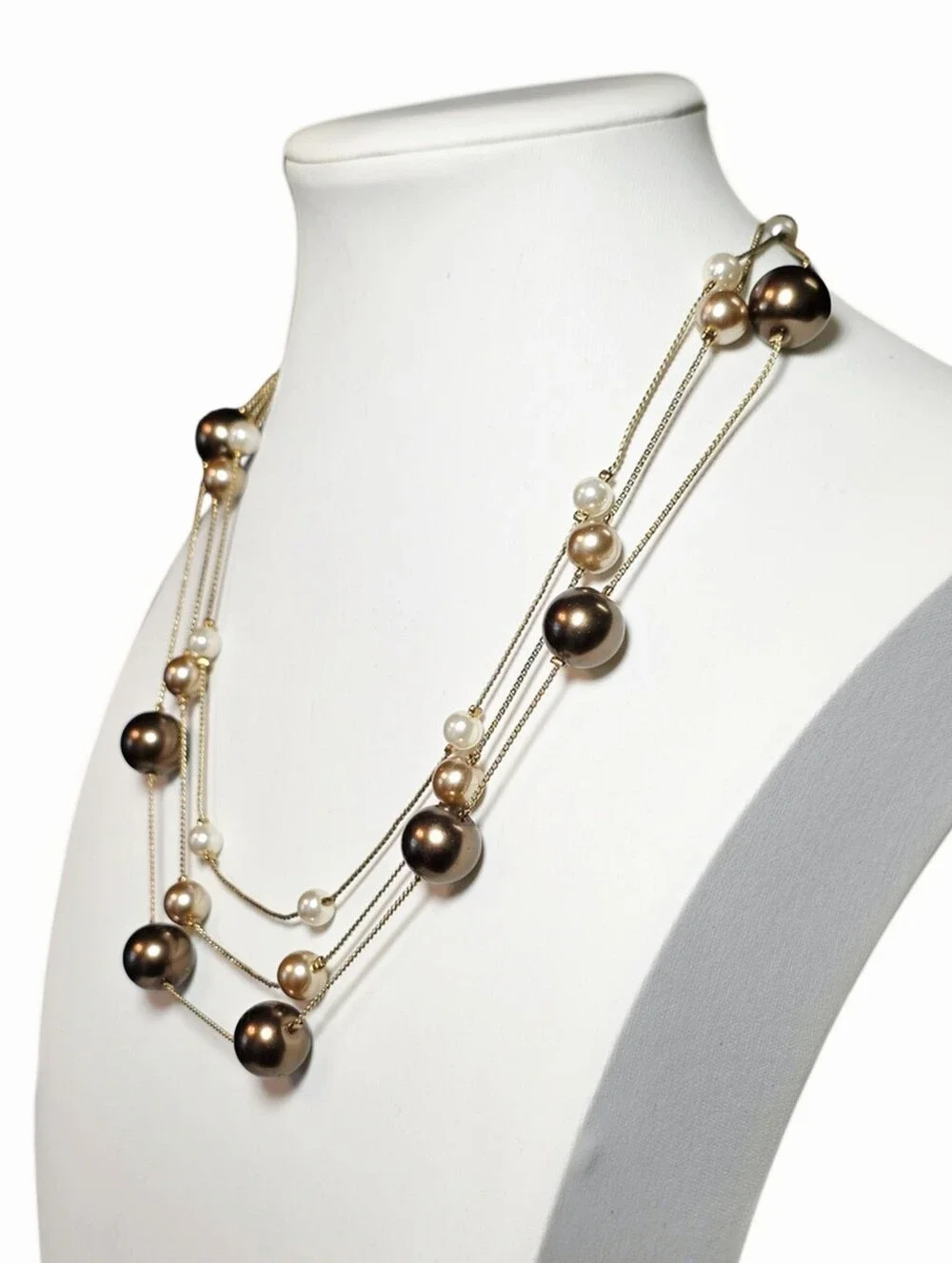 Brown, Gold & Cream Beaded Triple-Strand Gold-Tone Necklace